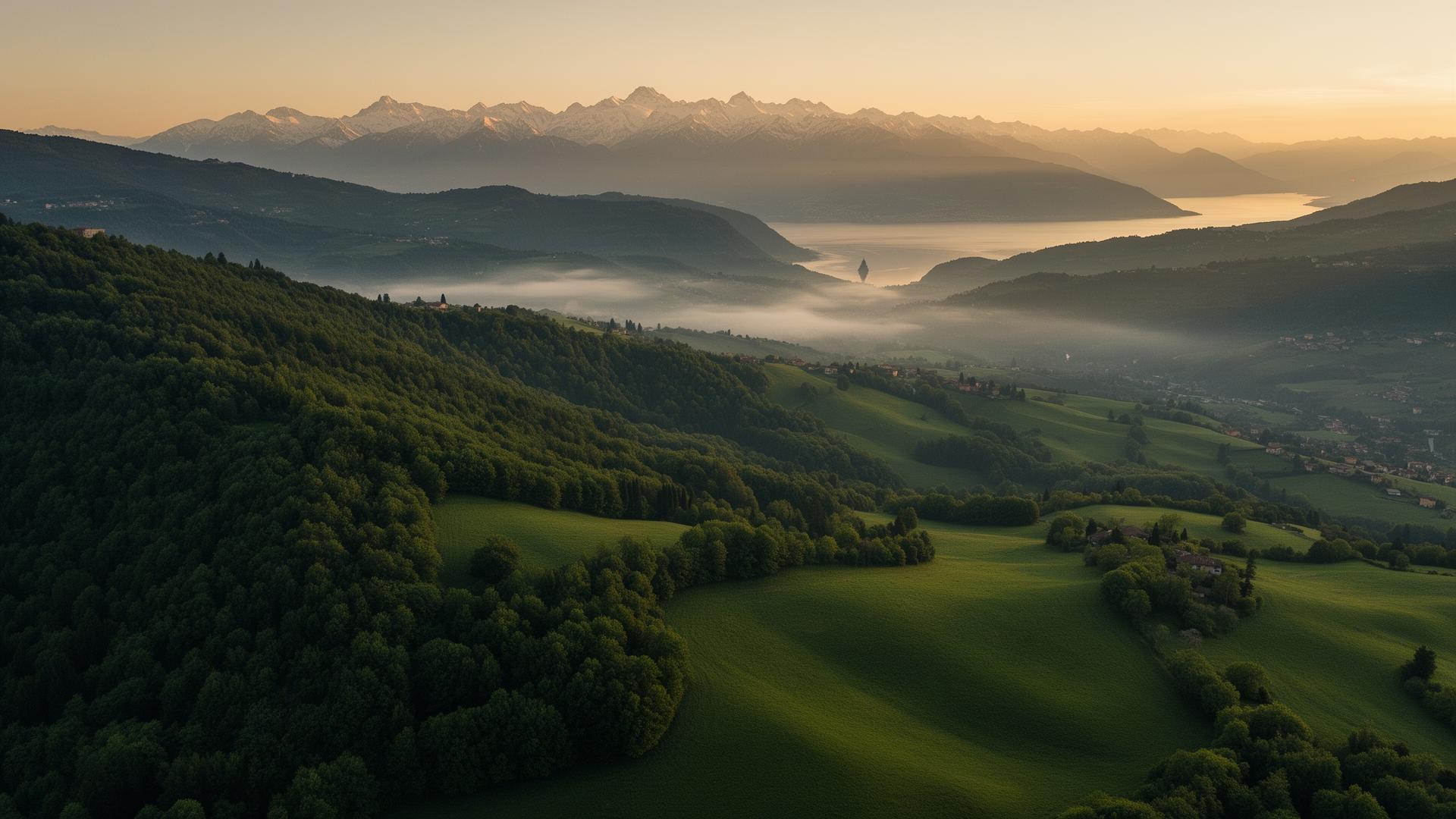 Aerial view of Northern Italian foothills with Lake Maggiore and the Alps