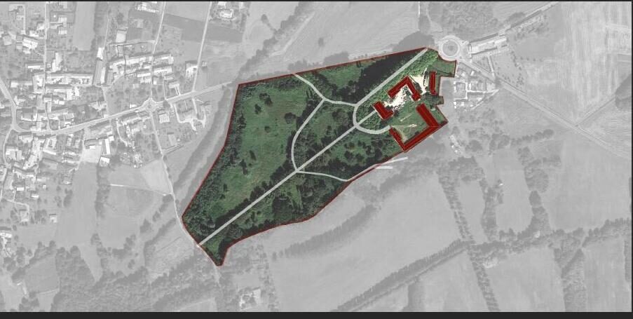 Aerial view of the castle complex and its park